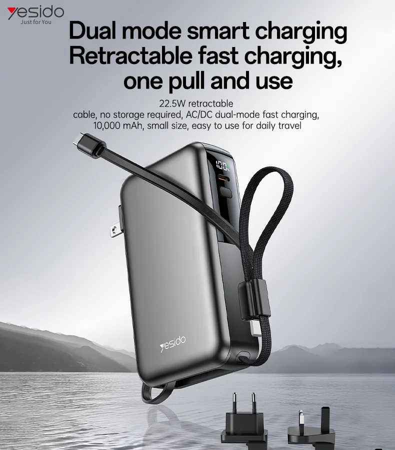 Yesido 10000mAh 22.5W Fast Charging AC+DC Retractable Cable Digital Display Screen Power Bank With AC Charger YP90