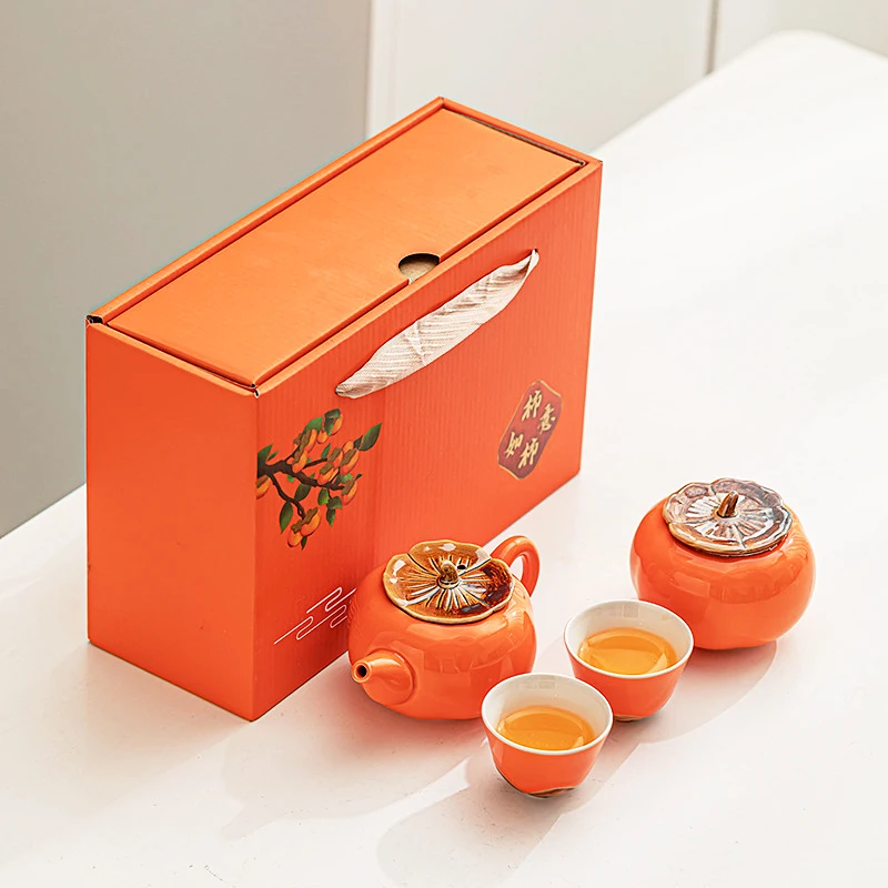Persimmon Ruyi Tea Set Box Packaging Customized Logo Corrugated Mailing Pit Box Complete Set Pottery Porcelain Gift Drawer Box