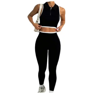 Women's Zipper Sleeveless Running Bra Fitness Long Pants Sports Set New Seamless Solid Quick Dry Sportswear