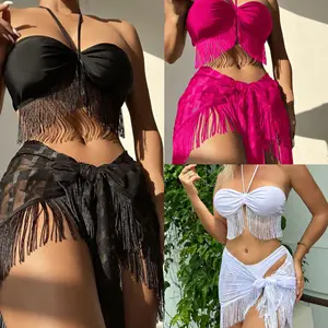 Bandeau Strapless Bikini 3-Piece Set for Women with Sheer Mesh Cover-Up Halter Top Breathable Swimwear