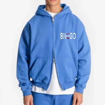 Blank Drop Shoulder Sweatshirts Custom Logo Double Zipper Blue  Zip Up Hoodie Plus Size Men's Hoodies & Sweatshirts