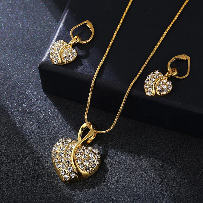 Romantic Heart Zircon Crystal Necklace Jewelry Set Simple Heart ...