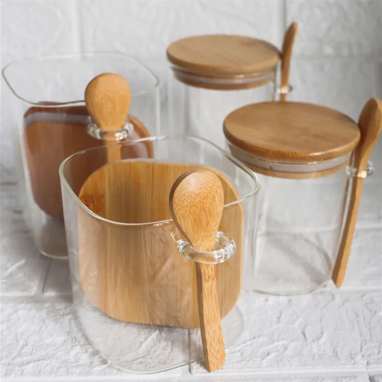 Glass Storage Container with Bamboo Lids and Spoon Kitchen Condiment Glass Ware Airtight Food Storage Container Jars