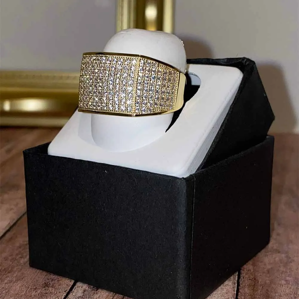 Hip Hop Bling Square Ring All Iced Out Micro Pave Cz With 14k Gold Plated Ring For Men Women