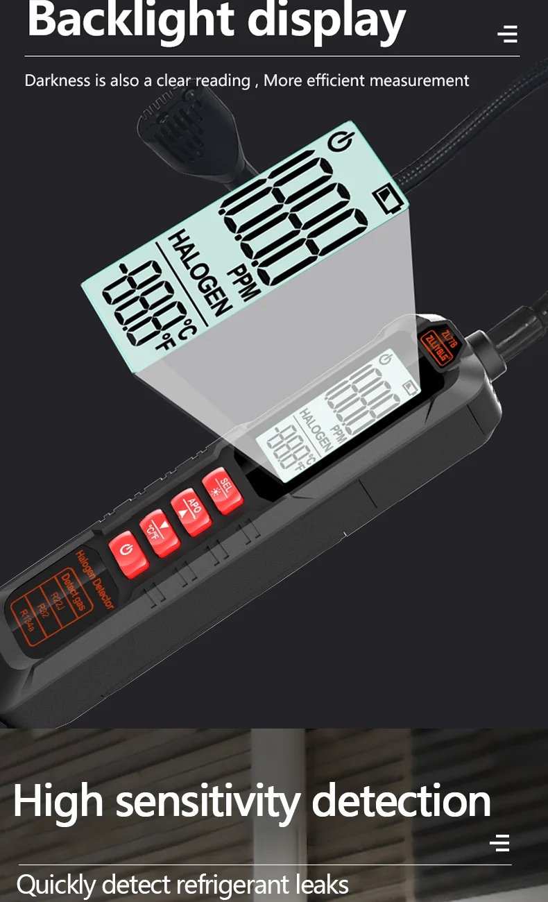 Portable refrigerant gas leak detector for AC & HVAC systems Detects common gases like R22, R32, and R134a with high sensitivity Wide detection range (approx. 0–1000 ppm) for accurate leak identification Fast response with high precision sensor for quick results LCD display for real-time gas concentration readings Audio and visual alarm alerts for easy leak detection Compact, lightweight, and handheld design for easy use Ideal for air conditioners, refrigeration systems, and automotive AC repair