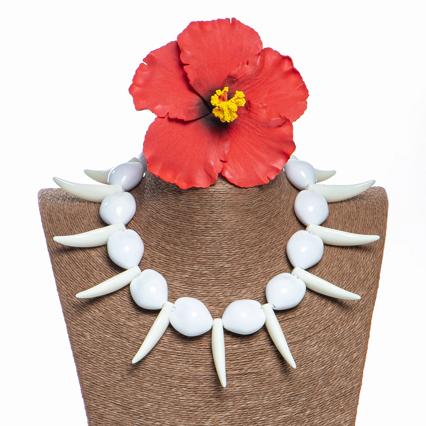 Samoan Artificial Acrylic Ula Nifo Lei Faux Boars Tusks Teeth w Kukui Nut Lei Choker Necklace