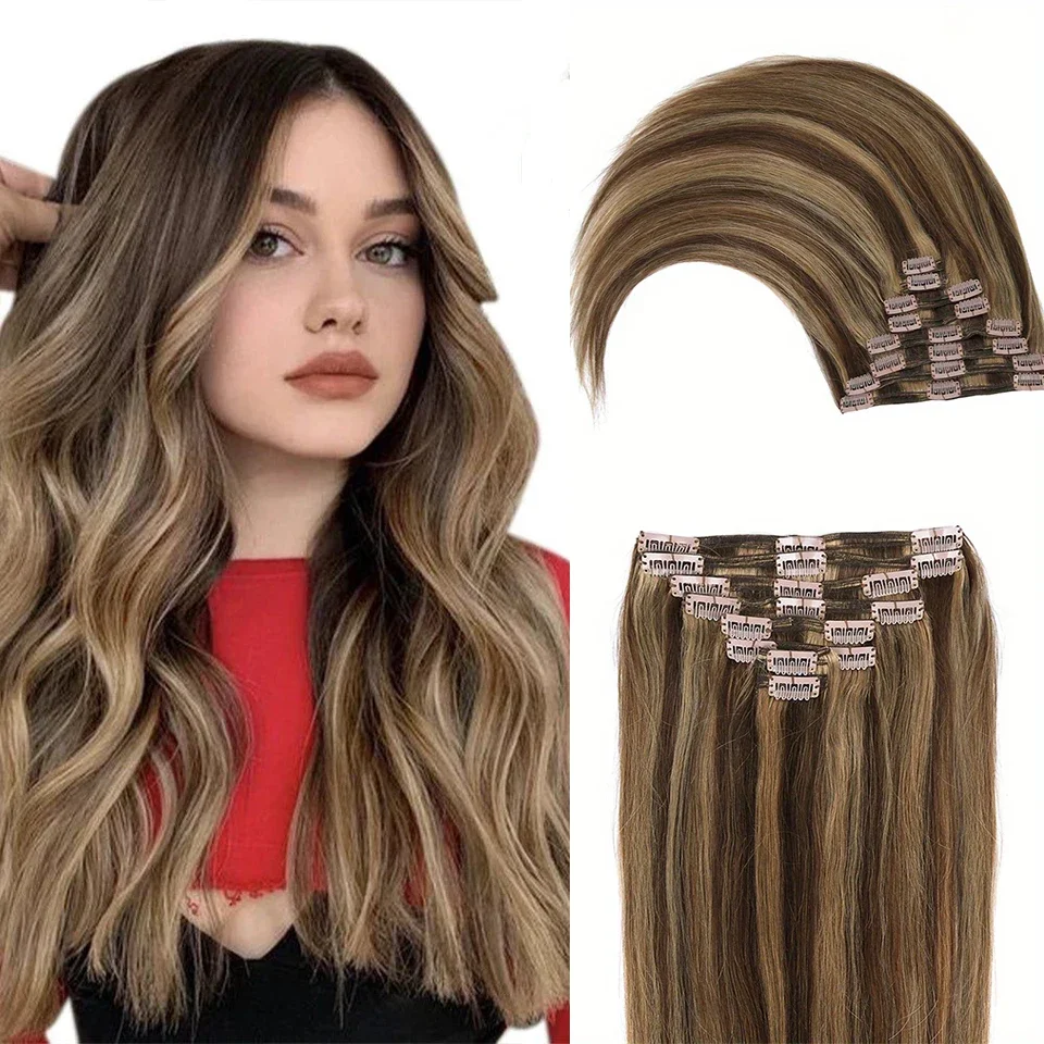 8-teiliges, doppelt glattes Remy-Haar, 100 % Echthaar, 18 Clips, Dunkelbraun, Schmutzig-Blond, Kopf verdickt, weich, glatt_voghion.com