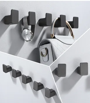 Modern Grey Metal Bathroom Wall Hooks Home Self Adhesive Space Aluminum Clothes Robe Towel Hooks