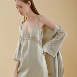Summer Natural Real Silk Sexy Lace Nightgown long and Bridesmaids Bridal Nightdress Pajamas Robe set NO 5