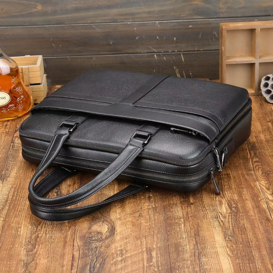 Logo Leather Cow Hide 14 Inches Case Messenger Business Bag Real Black Pebble Leather Computer Laptop Briefcases