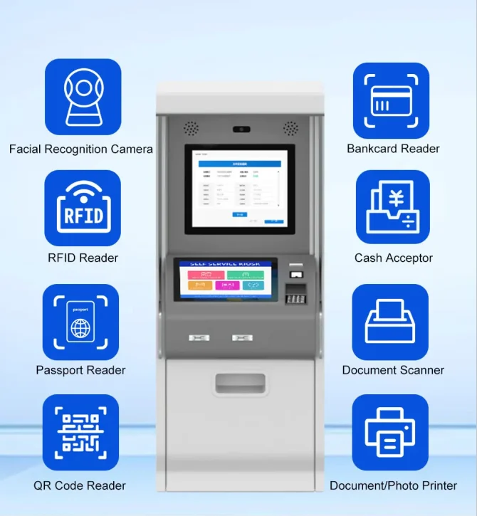 Card Dispenser Coin Change Barcode Scanner Card Payment Kiosk Insurance Bill Payment Kiosk Dual Screen Kiosk with A4 Printer