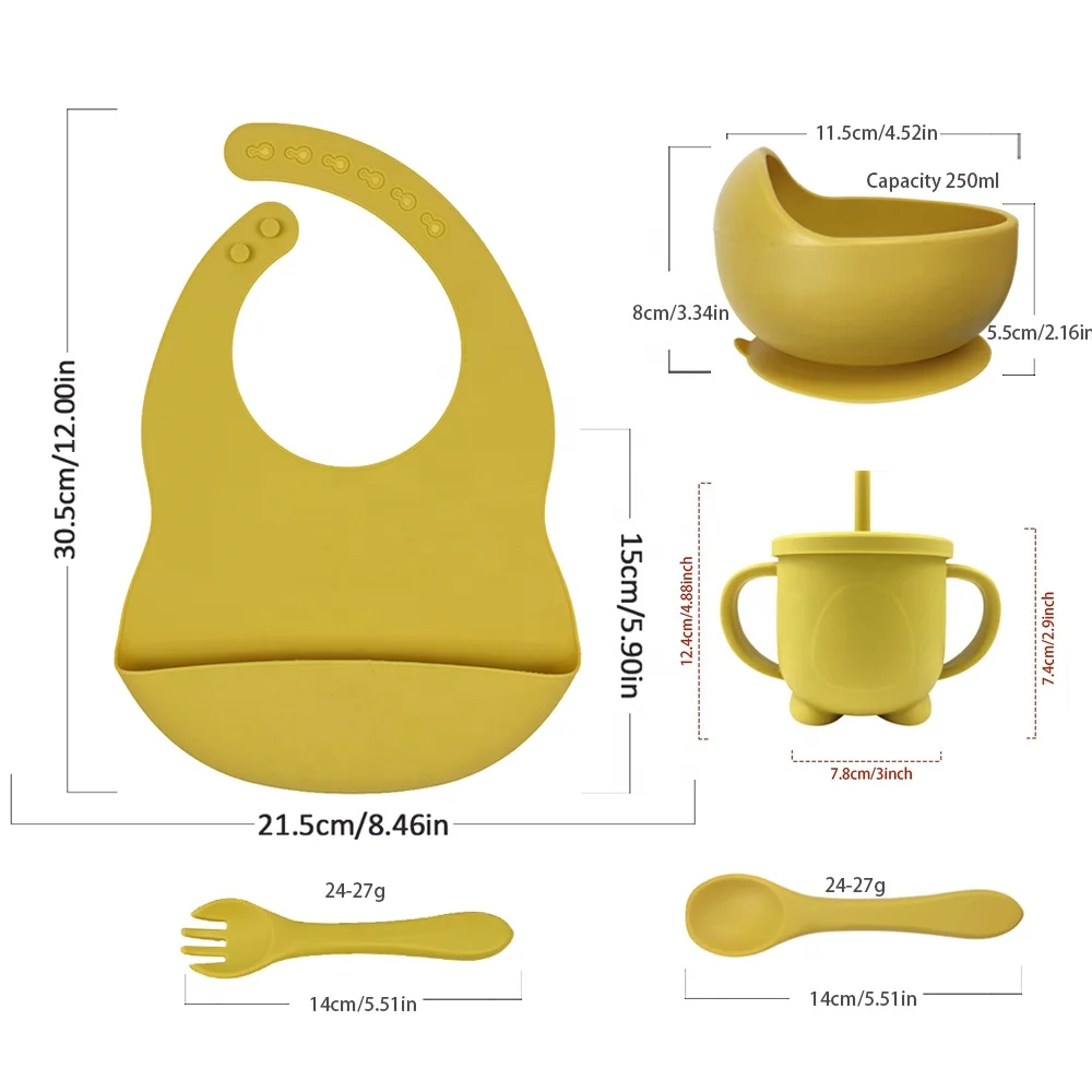 Toddler Tableware Feeding Set Bib Dinner Bowl Spoon Straw Cup 5 Piece Set Cutlery Silicone Baby Feeding Set Bowl