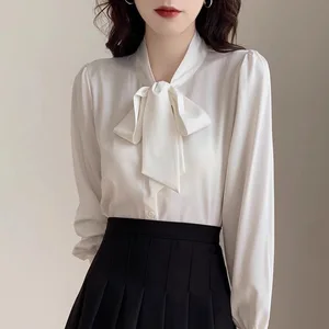 2026 Spring New Arrival Blue Bow Tie Shirt Women Blouse Satin Top