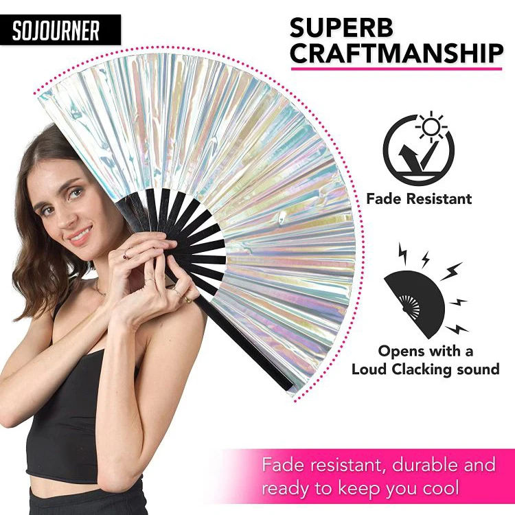 Hot Sale Pvc Hand Fan Silver Laser Large Custom Hand Fans 33cm Bamboo