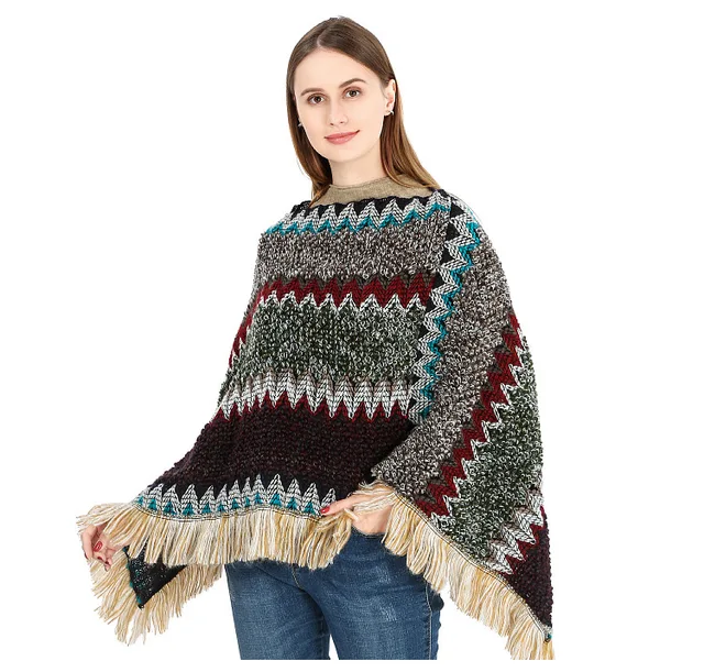 Wholesale Fashion American Warm Winter Women Shawl Sweater Mohair Fur Colorful Yarn Knitted Poncho With Tassel Sweater Poncho