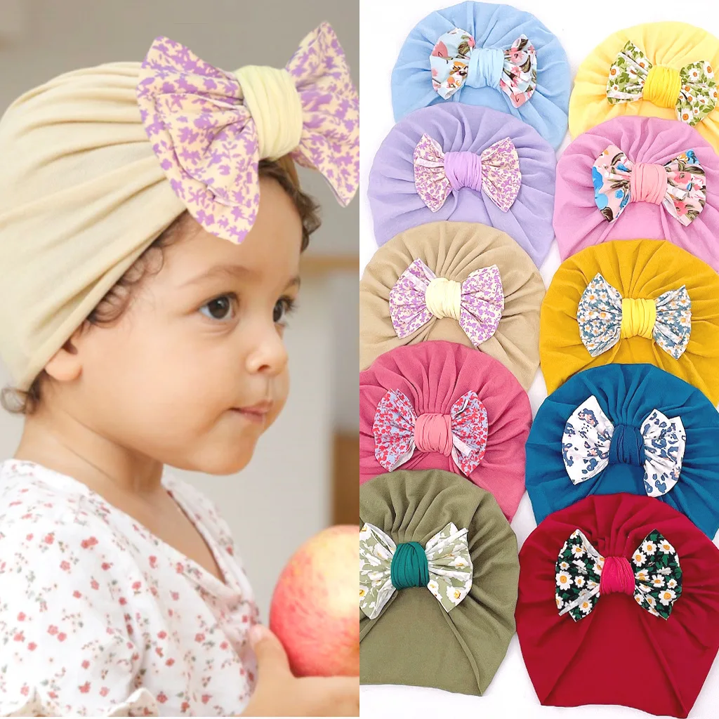 2022 European and American Style Spring Children Little Flower Bow Thin Hat Baby Soft Fabric Protect the Skin Knotted Hat