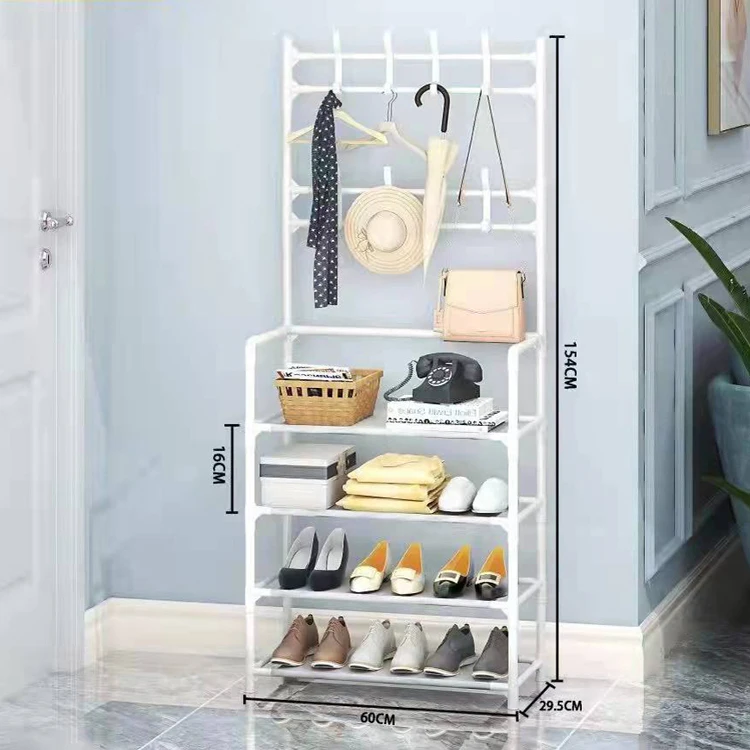 Entryway Hall Coat Rack 3 in 1 Design Metal Storage Rack Coat Hat Umbrella Shoe Rack