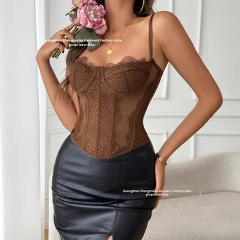 Guangzhou Auyan Women's Lace Patchwork Sexy Camisole Slimming Hollow Backless Design Chest Pads Wearable Outerwear Top