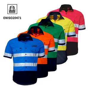 EN20471 Hi Vis Workwear Cotton Polyester Industrial Construction Uniform High Visibility Reflective Safety Clothing Worker Shirt