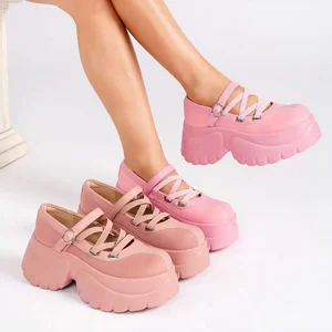 3726-4 Customizable Women's Fashionable Round Toe Loafers Thick Soled Casual Lace-up Shoes for Spring Season