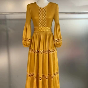 Women's Elegant Dress, Long Lantern Sleeve, Sequined Hollow Out Design, Vintage-inspired Maxi Dress for Formal Occasions