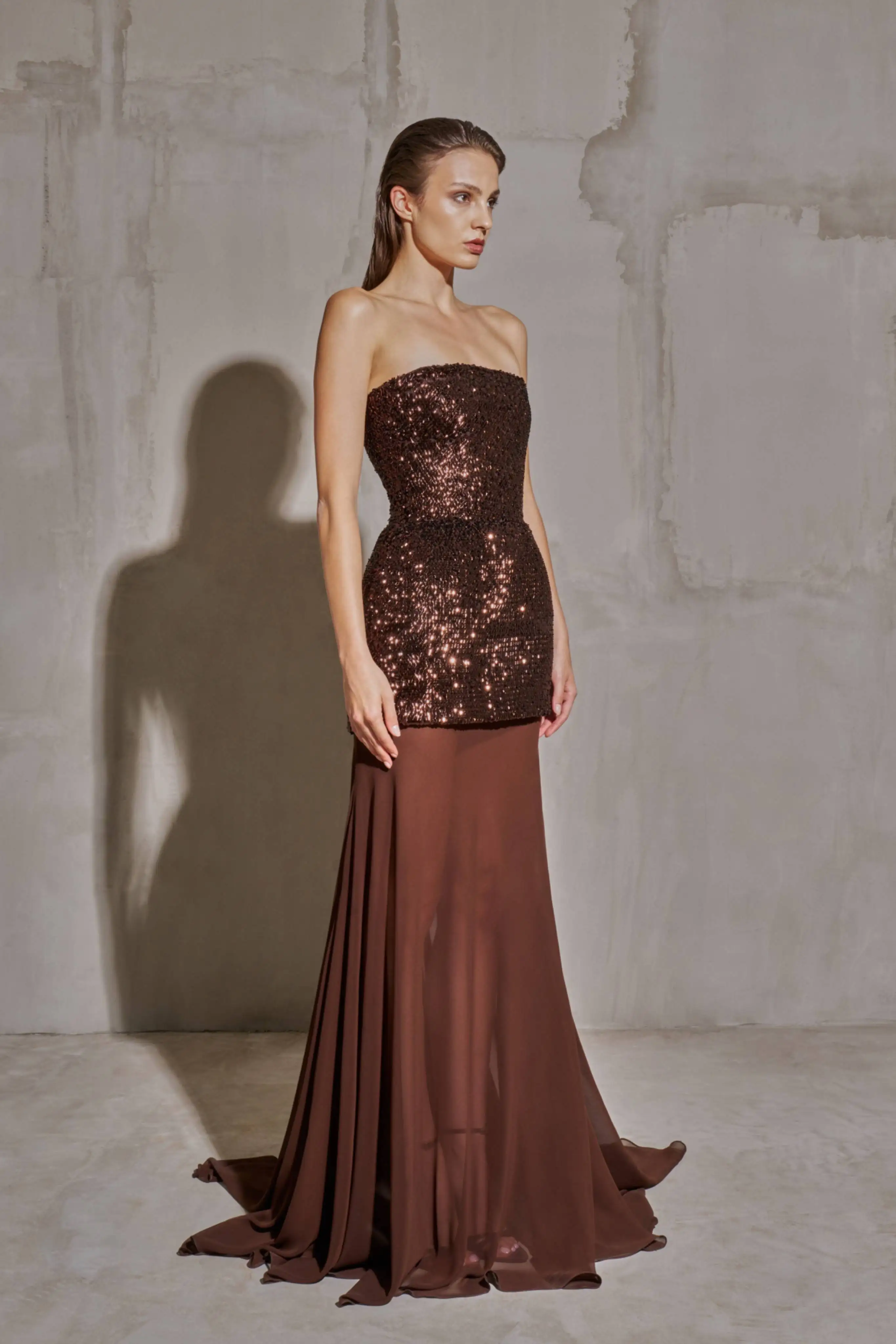 two piece brown dress Cocoa Bows Twofer Midi Dress (Brown) – Megoosta Fashion main image 0