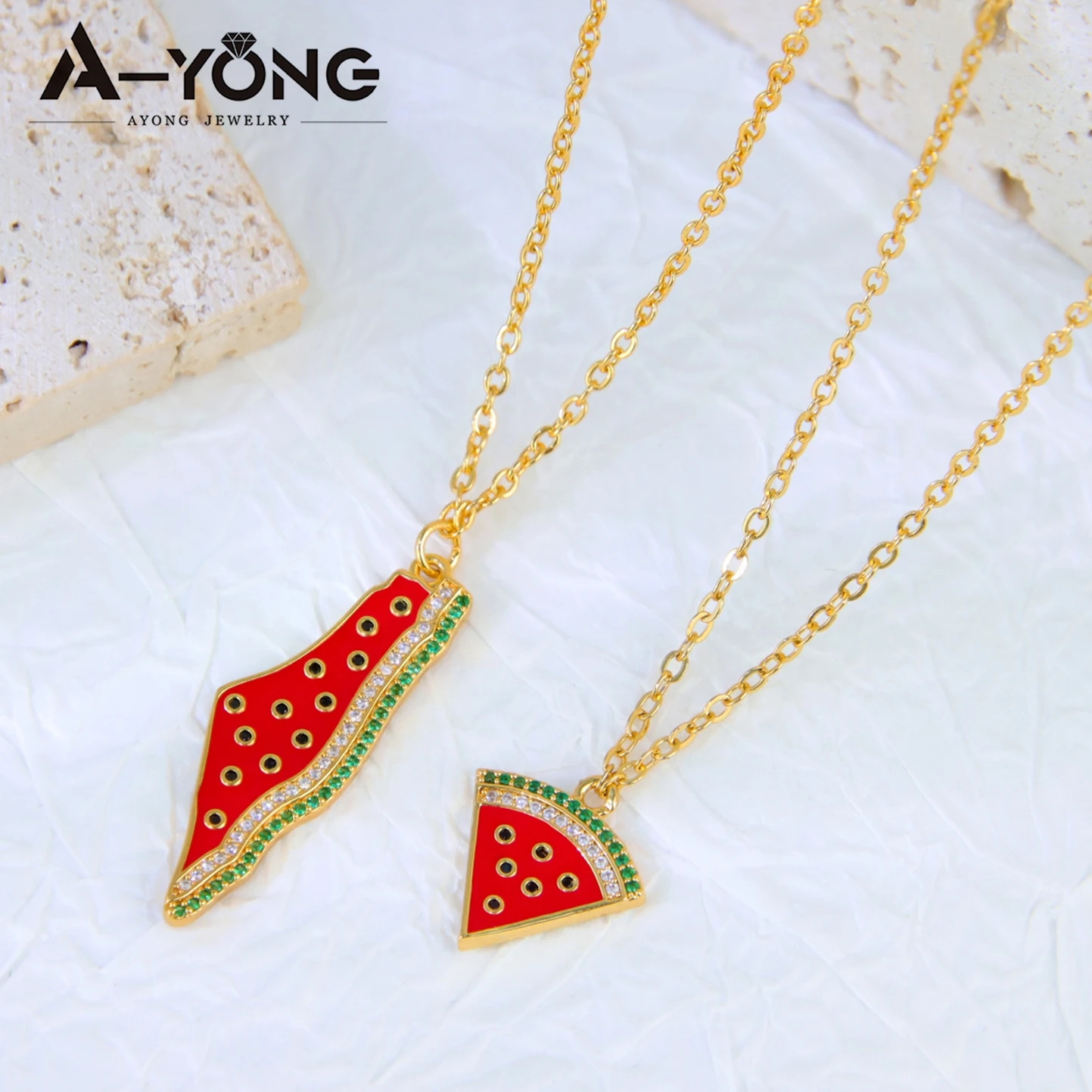 Ayong Jewelry Special Design High Quality Zircon 18k Gold Plated Enamel  Waterproof Watermelon Pendant Palestine Necklace