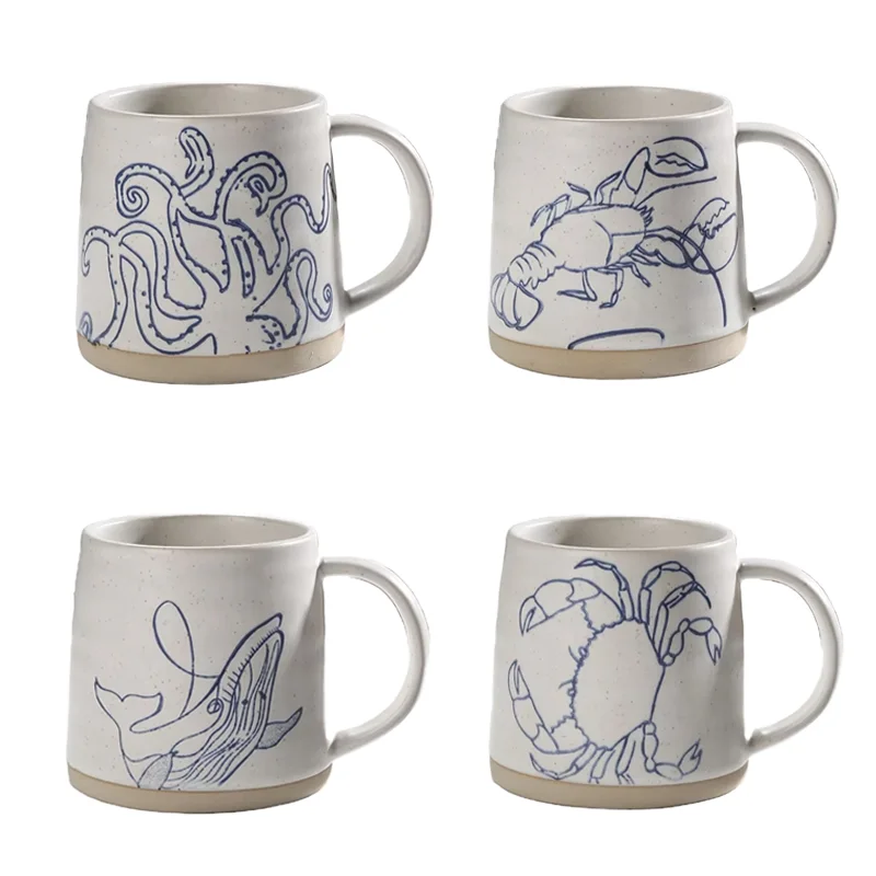 Retro Custom Ceramic Mug Set with Handpainted Crab Shark & Octopus Pattern Dishwasher Safe Coffee Tea Drinkware