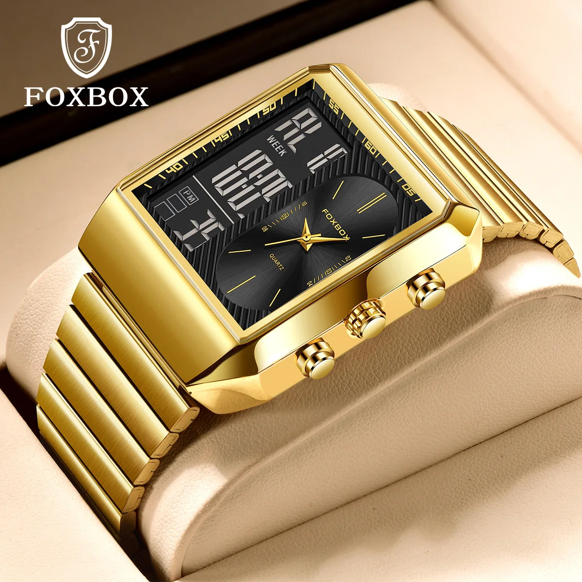 FOXBOX Luxury Gold Black Man Electronic Watch - Dual Display