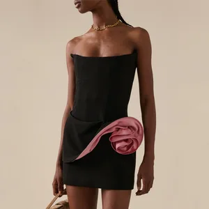 High Quality Female Fashion Sexy Dress Slim Temperament Design Solid Color Flowers Sleeveless Women Short Evening Dress