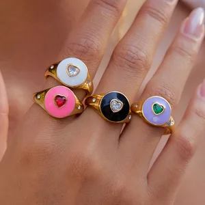 MW Women's Cute Heart Ring 18K Gold-Plated Stainless Steel Fashionable Oil-Dropping Love Heart Ring with a Sense of Luxury