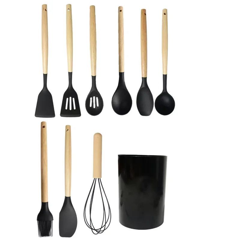 Tilpasset engroshandelssæt af silikonespatula og ske, ikke-klistrende, fødevarekvalitet, køkkenredskaber med træhåndtag, OEM/ODM