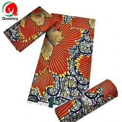 Queency Holland Quality Soft African Atamfa Wax Fabric 100%Cotton Printing Golden Wax Fabric in Orange Flowers Patterns