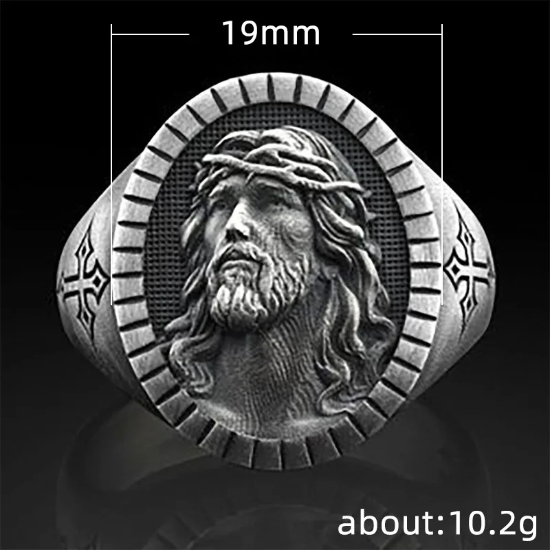 Men's Jesus avatar Antique Silver Ring Oval Christian Cross Religious Ring