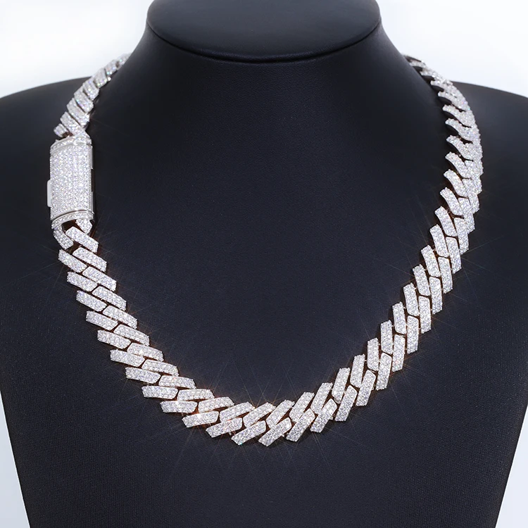 Yu Ying Heavy Weight 925 Silver Double Rows 15mm Wide Moissanite Diamond Necklace Cuban Link