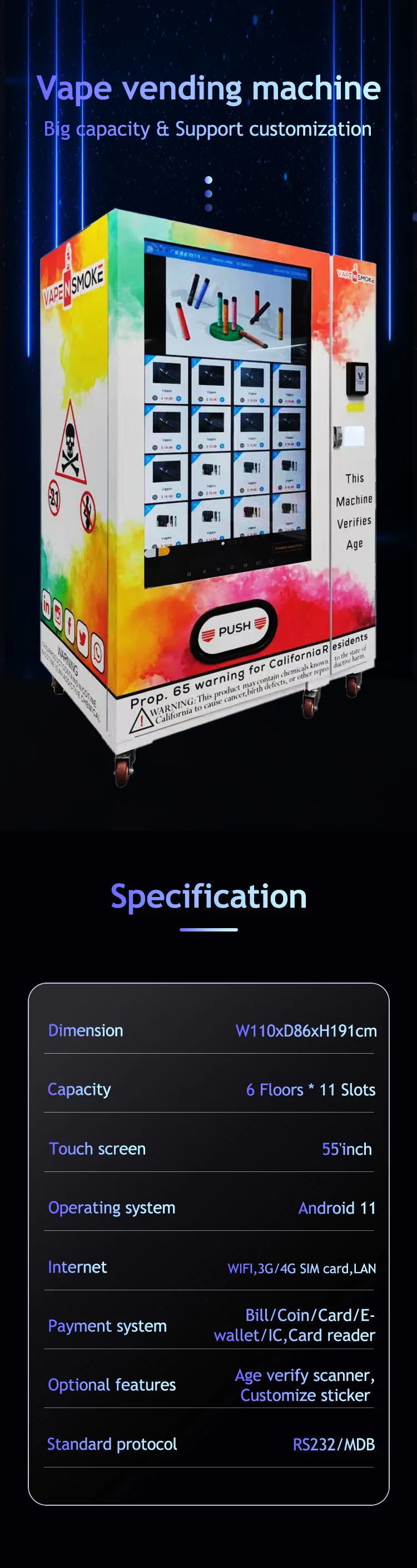 Full Screen Elf Bar Big Capacity Vending Machine Age Verification For