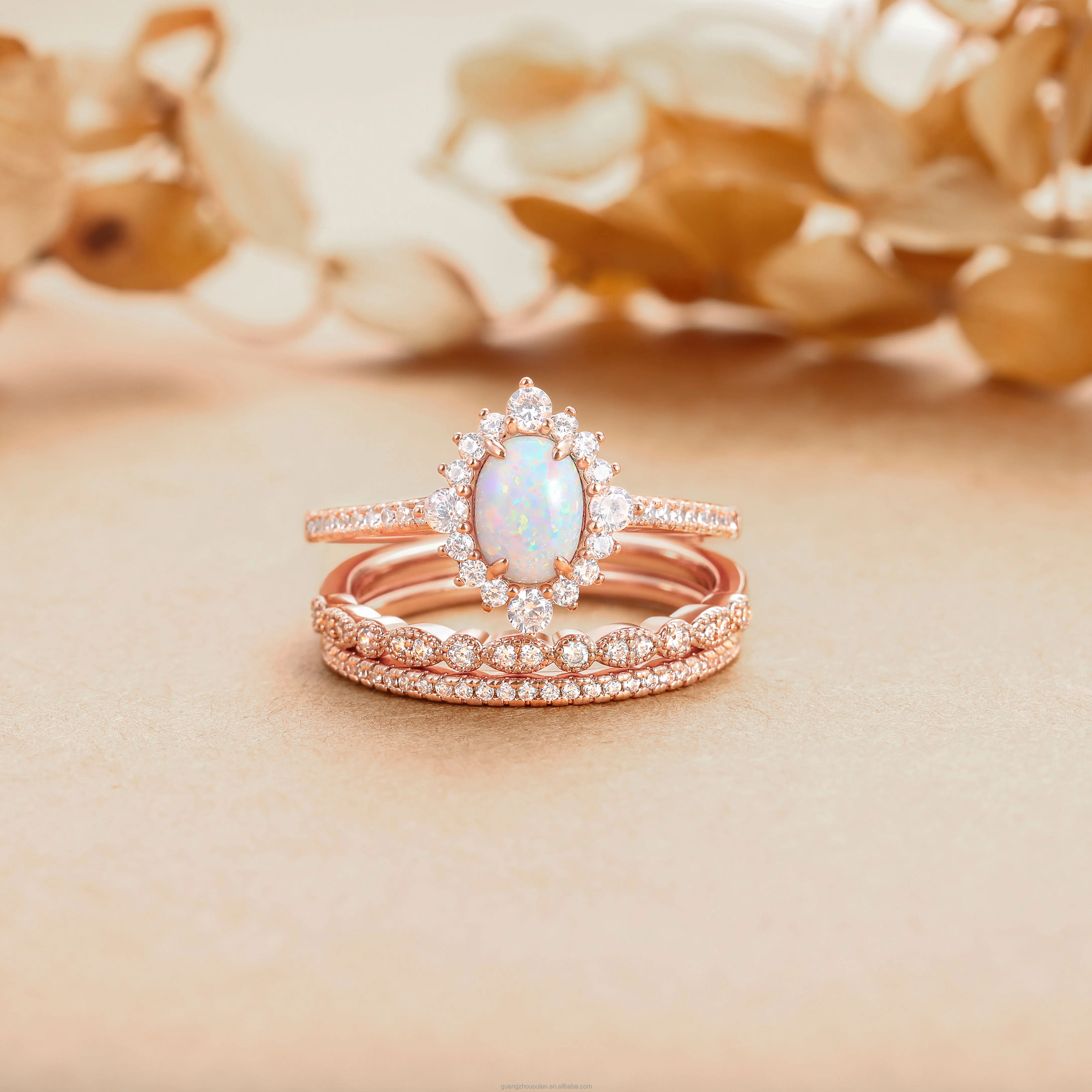 3pcs Rose Gold Stackable Rings Oval Bridal Ring Sets Fashion Copper