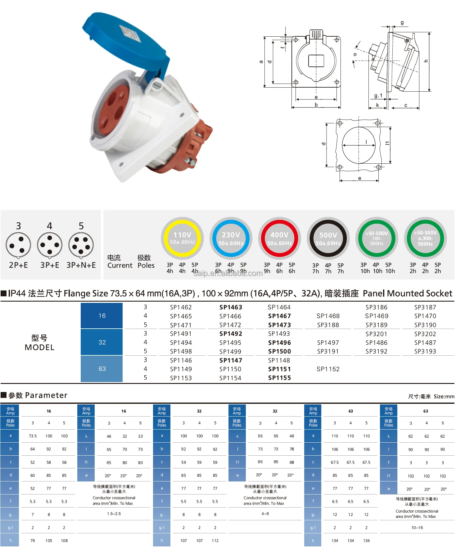 Prise industrielle 16 ampères 3 broches 220-250V étanche IP44 2P +