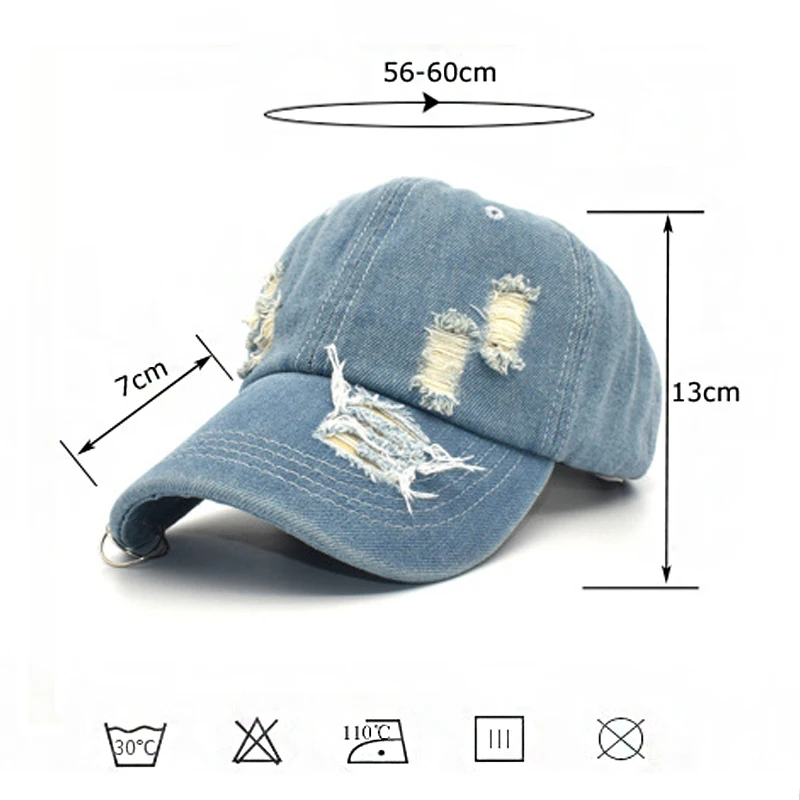 Distressed Washed Denim Ring Baseball Cap Jeans Hip Hop Vintage Dad Hat Adjustable