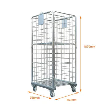 L850XD760XH1870 Collapsible 4-Sided Metal Folding Wire Mesh Storage Roll Cage Trolley With Shelf