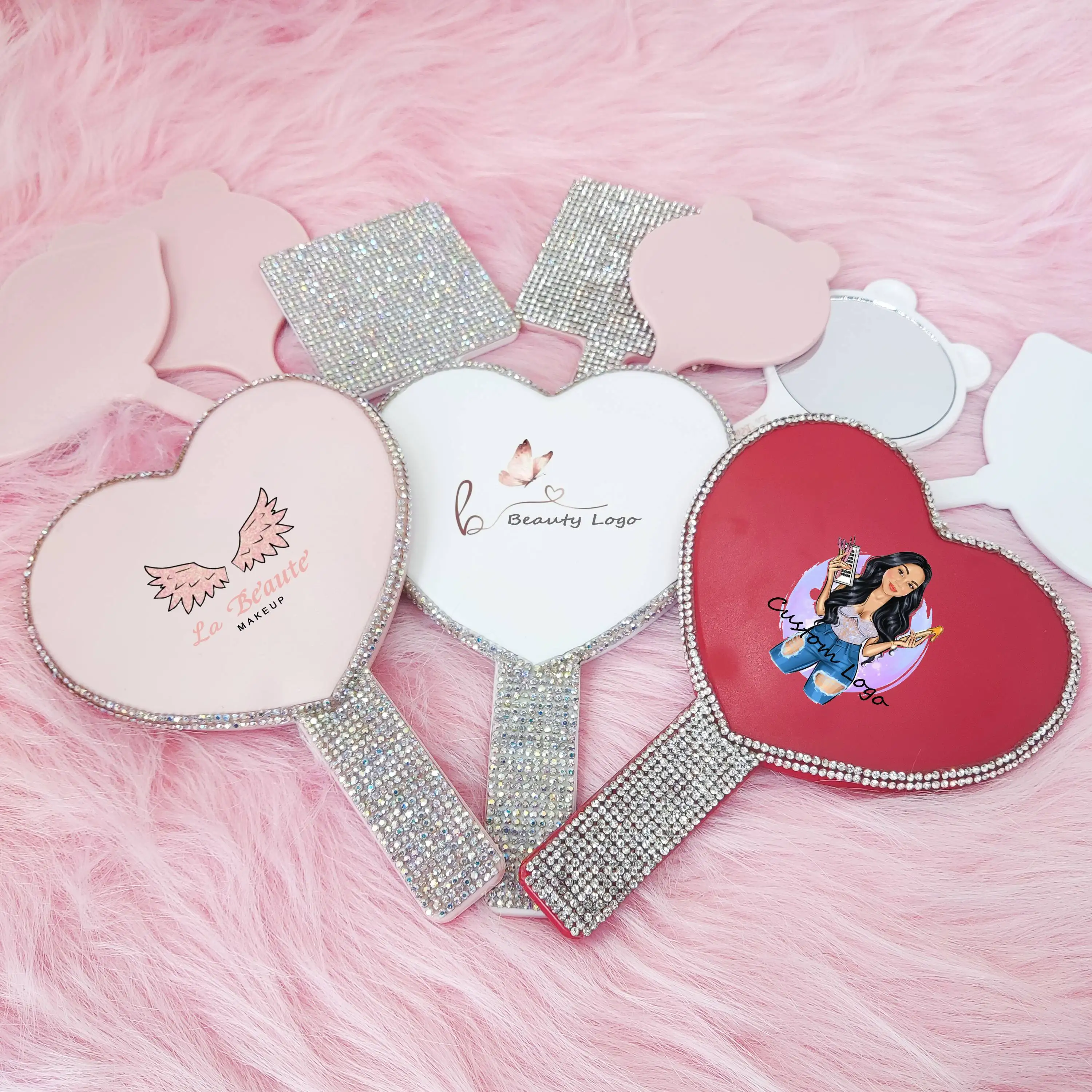 Private Label Cosmetics Custom Handheld Cosmetic Mirror Hand Mirror logo Custom Makeup Small Mirror