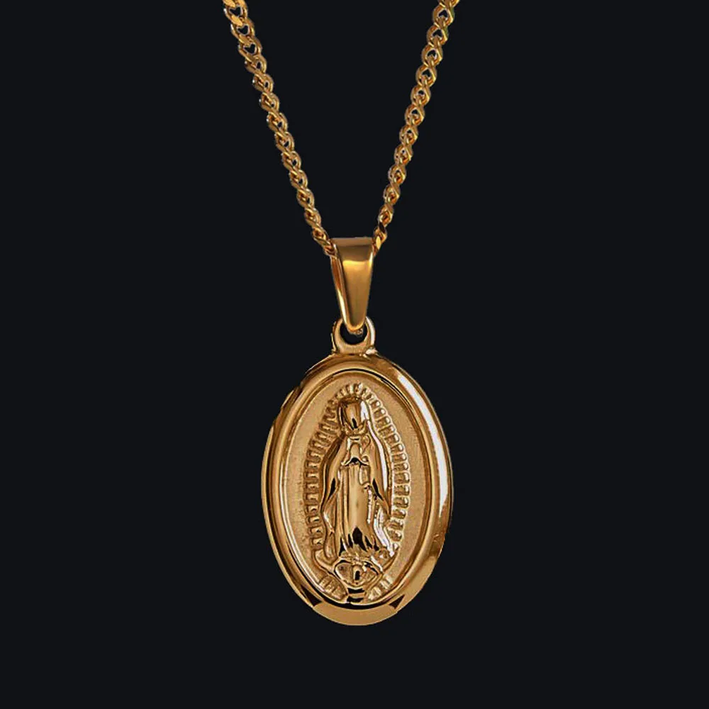 18K Gold Plated Virgin Mary Necklace Curb Chain Religious Necklace for Men  Women Boys Virgen De Guadalupe Necklace