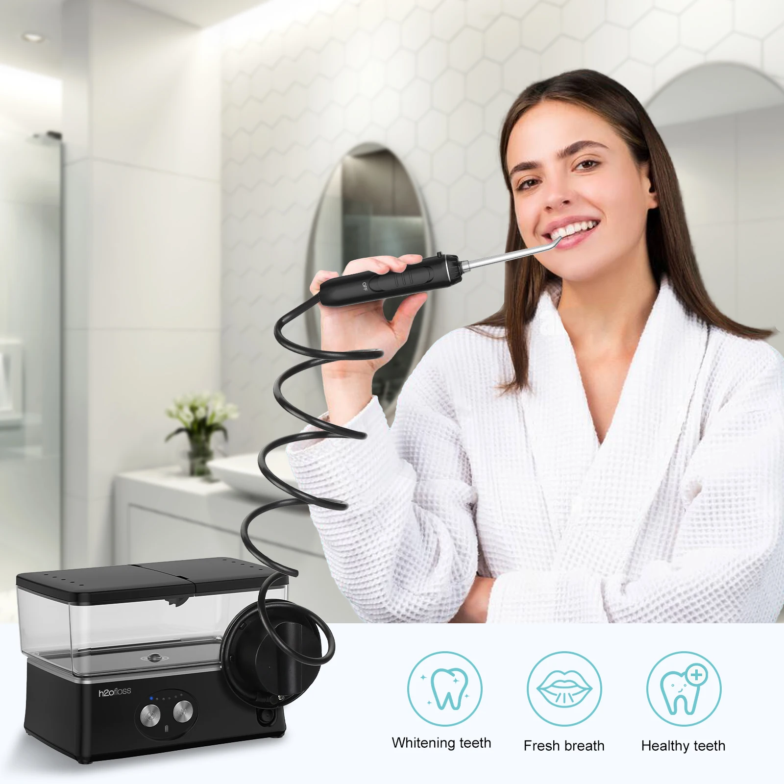 H2ofloss HF-3 Pro Countertop Water Flosser with 425ml Water Tank 50-150 PSI Water Pressure and 2500mAh Battery