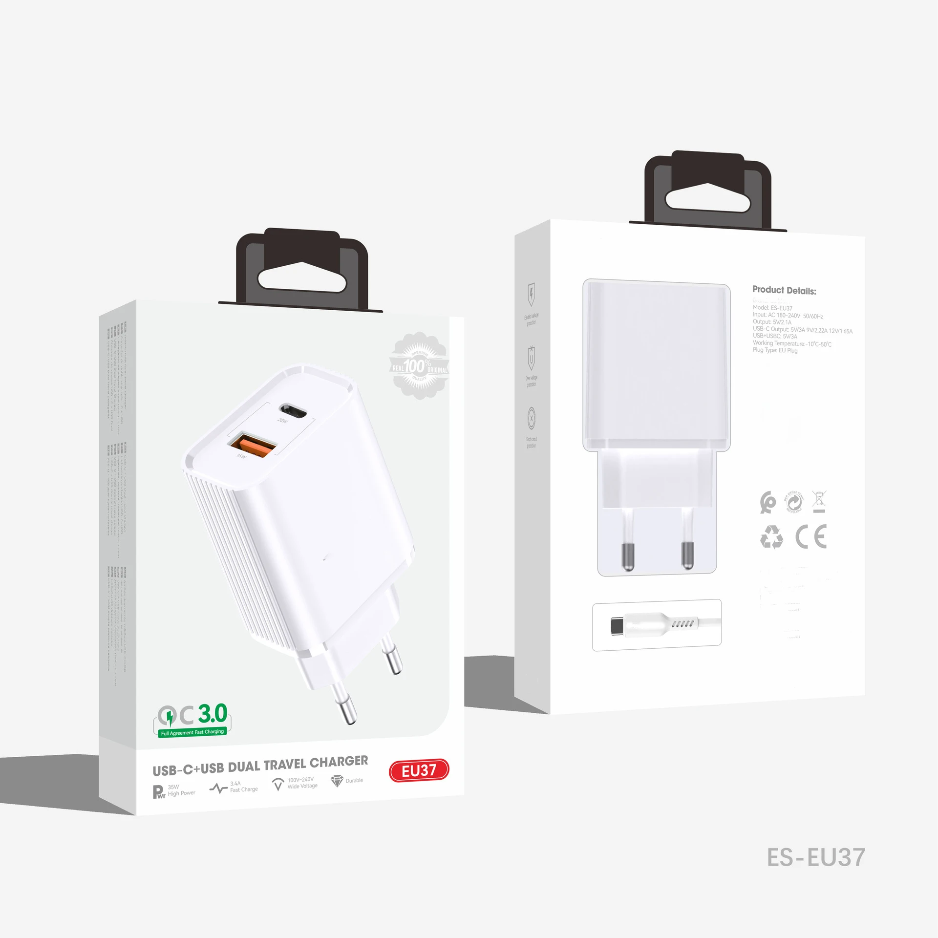 Euro Plug PD20W+QC 3.0 Phone Power Adapter USB+Type-C Dual Port Mobile Phone Quick Charger for iPhone Android