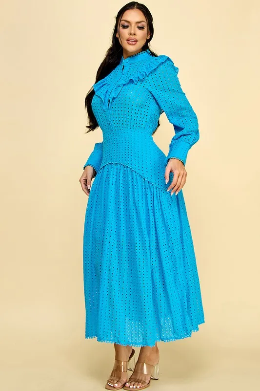 Vintage-style Cotton Dress With Lace Cutouts And Ruffled Hem Button Decoration Natural Waistline 100% Woven Cotton - Image 2