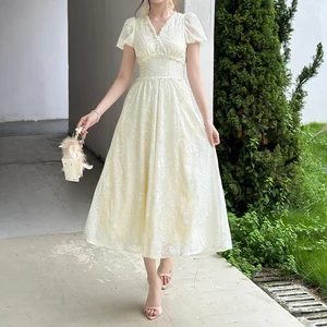ZYHT 21842 Women's Wedding Dresses Lace Midi Dress with V - Neck Puff Short Sleeves and Smocked Waist