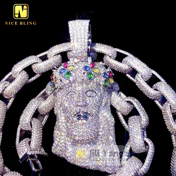 Semi Custom Jesus Pendant Moissanite Pendant Colorful Chaplet Iced Out Jewelry Baguette Diamonds Cuban Chain Hip Hop Rock