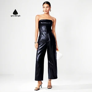 Custom Factory Streetwear Women Clothes Solid Streetwear Leather Zipper Romper for Women Slim One Piece Smock Waist Jumpsuit