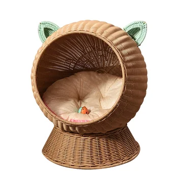 Cat Woven Pet Bed  Dog Bed  Summer Floor-standing Semi-enclosed Breathable Pet Nest  Pet  Wicker Bed