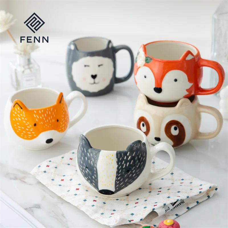 product fenn cute coffee mug cartoon cute fox cat cow novelty water cup hand painted ceramic novelty mugs wholesale ceramic mug custom-56